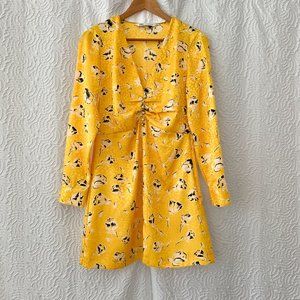ZARA Satin Yellow Floral Mini Dress V-neck Jewel Embellishment Long Sleeves